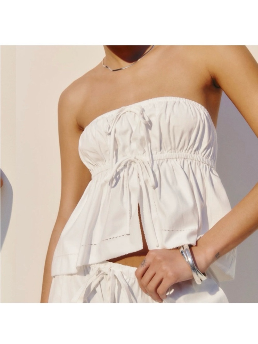 Reformation White Strapless Drawstring Smocked Bust Top